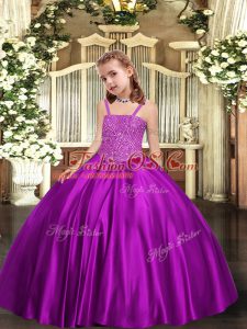 Sleeveless Satin Floor Length Lace Up Pageant Dress for Girls in Purple with Beading