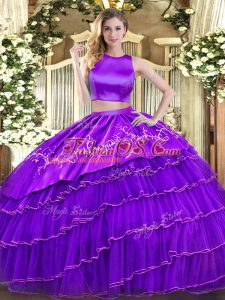 Extravagant Purple Tulle Criss Cross High-neck Sleeveless Floor Length Sweet 16 Dress Embroidery and Ruffled Layers