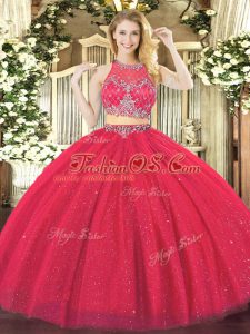 Dazzling Coral Red Tulle Zipper Quinceanera Gown Sleeveless Floor Length Beading