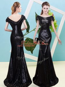 Artistic Sequined Scoop Cap Sleeves Zipper Sequins Prom Dresses in Black
