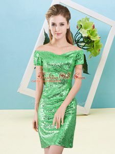 Lovely Off The Shoulder Short Sleeves Evening Dress Mini Length Sequins Green Sequined