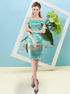 Pretty Turquoise Short Sleeves Sequins Mini Length Prom Party Dress