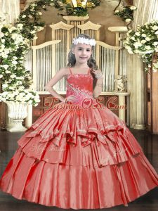 Dramatic Straps Sleeveless Lace Up Little Girls Pageant Dress Coral Red Organza