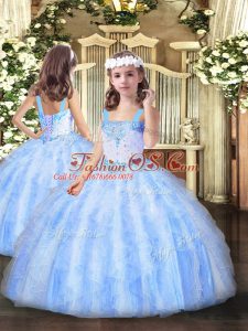 Enchanting Floor Length Light Blue Pageant Dress Straps Sleeveless Lace Up