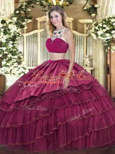 Flirting Fuchsia High-neck Backless Beading and Embroidery and Ruffled Layers Quinceanera Gown Sleeveless