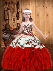 Sleeveless Organza Floor Length Lace Up Little Girl Pageant Dress in Red with Embroidery and Ruffles