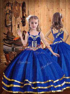 Discount Organza Straps Sleeveless Lace Up Embroidery and Ruffled Layers Little Girls Pageant Dress Wholesale in Royal Blue