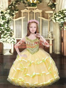 Gold Organza Lace Up Scoop Sleeveless Floor Length Little Girl Pageant Dress Beading and Ruffled Layers