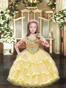 Gold Organza Lace Up Scoop Sleeveless Floor Length Little Girl Pageant Dress Beading and Ruffled Layers