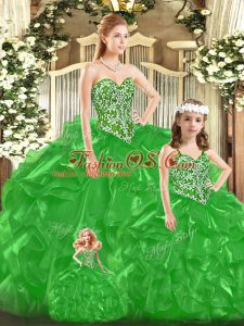 Designer Tulle Sweetheart Sleeveless Lace Up Beading and Ruffles and Bowknot Quince Ball Gowns in Green