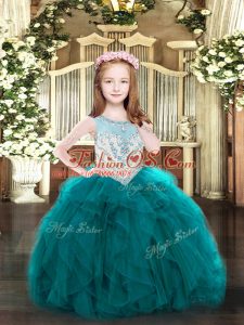Teal Sleeveless Floor Length Beading and Ruffles Zipper Little Girls Pageant Gowns