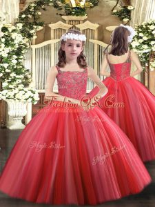 Coral Red Tulle Lace Up Little Girls Pageant Gowns Sleeveless Floor Length Beading
