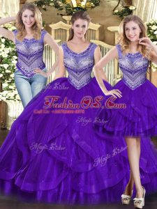 Glamorous Purple Tulle Lace Up Scoop Sleeveless Floor Length Quinceanera Gown Beading and Ruffles