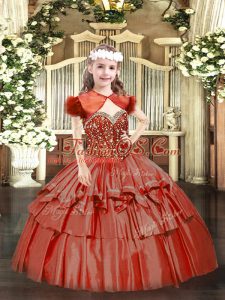 Pretty Coral Red Lace Up Pageant Gowns For Girls Beading and Ruffled Layers Sleeveless Floor Length