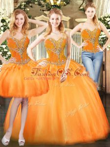 Discount Orange Red Three Pieces Sweetheart Sleeveless Organza Floor Length Lace Up Beading and Ruffles Sweet 16 Quinceanera Dress