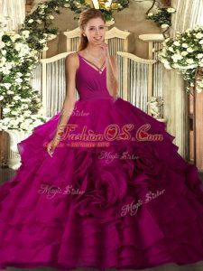 Flirting Fuchsia Organza Backless V-neck Sleeveless Floor Length Sweet 16 Dresses Ruffled Layers