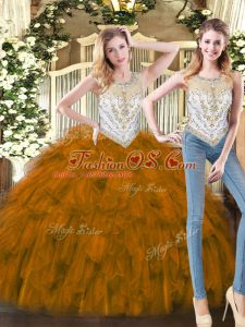 Brown Two Pieces Organza Scoop Sleeveless Beading and Ruffles Floor Length Zipper Sweet 16 Quinceanera Dress