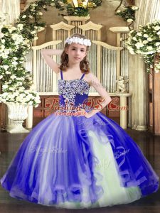 Dazzling Blue Ball Gowns Straps Sleeveless Tulle Floor Length Lace Up Appliques Pageant Dress for Womens