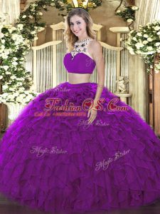 Clearance Purple Halter Top Backless Beading and Ruffles Sweet 16 Dresses Sleeveless