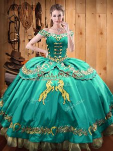 Turquoise Off The Shoulder Lace Up Beading and Embroidery Ball Gown Prom Dress Sleeveless