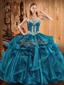 Teal 15th Birthday Dress Military Ball and Sweet 16 and Quinceanera with Embroidery and Ruffles Sweetheart Sleeveless Lace Up