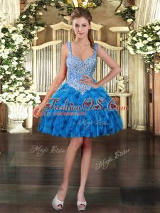 Suitable Mini Length Lace Up Dress for Prom Blue for Prom and Party with Beading and Ruffles