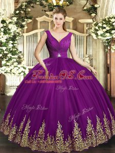 Eggplant Purple Sleeveless Beading and Appliques and Ruching Floor Length Quinceanera Dresses