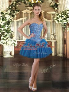 Beading Prom Dress Blue Lace Up Sleeveless Mini Length