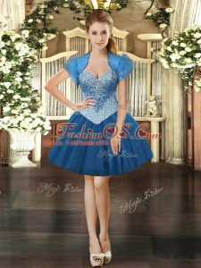 Royal Blue Ball Gowns Tulle Sweetheart Sleeveless Beading Mini Length Lace Up Dress for Prom