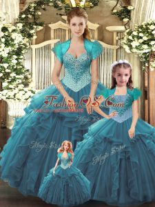Inexpensive Teal Ball Gowns Straps Sleeveless Tulle Floor Length Lace Up Beading and Ruffles Sweet 16 Dress