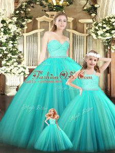 Beading and Lace Quince Ball Gowns Turquoise Zipper Sleeveless Floor Length