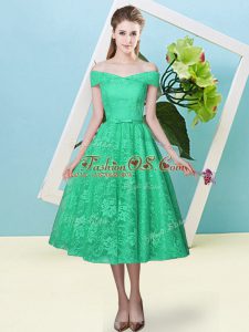 Popular Turquoise Off The Shoulder Lace Up Bowknot Bridesmaid Dresses Cap Sleeves