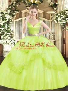 Affordable Sleeveless Tulle Floor Length Zipper Quinceanera Dresses in Yellow Green with Beading and Appliques
