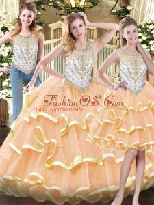 Attractive Peach Ball Gown Prom Dress Military Ball and Sweet 16 and Quinceanera with Beading and Ruffled Layers Scoop Sleeveless Zipper