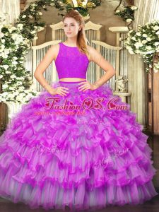 Deluxe Fuchsia Scoop Neckline Ruffled Layers Ball Gown Prom Dress Sleeveless Zipper
