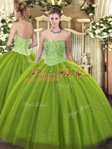 Cheap Tulle Sweetheart Sleeveless Lace Up Beading Sweet 16 Quinceanera Dress in Olive Green