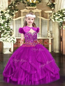 Perfect Fuchsia Tulle Lace Up Pageant Gowns For Girls Sleeveless Floor Length Beading and Ruffles