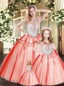 Customized Scoop Sleeveless Lace Up Vestidos de Quinceanera Red Tulle