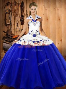 Extravagant Blue And White Quinceanera Dress Military Ball and Sweet 16 and Quinceanera with Embroidery Halter Top Sleeveless Lace Up