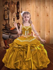 Floor Length Gold Pageant Dress for Girls V-neck Sleeveless Lace Up