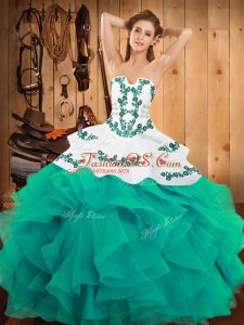 Super Turquoise Sleeveless Satin and Organza Lace Up 15th Birthday Dress for Military Ball and Sweet 16 and Quinceanera