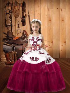 Fuchsia Girls Pageant Dresses Sweet 16 and Quinceanera with Embroidery Straps Sleeveless Lace Up