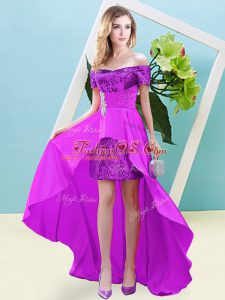 Suitable Short Sleeves Elastic Woven Satin and Sequined High Low Lace Up Homecoming Dress in Fuchsia with Beading