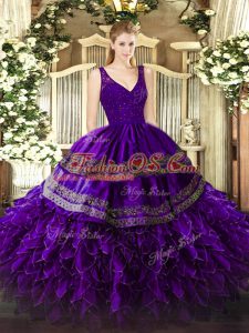Delicate Beading and Lace and Ruffles Vestidos de Quinceanera Purple Backless Sleeveless Floor Length