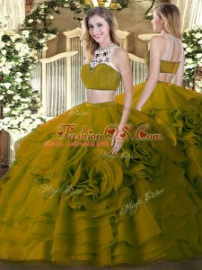 Olive Green Two Pieces Beading and Ruffled Layers Quinceanera Dresses Backless Tulle Sleeveless Floor Length