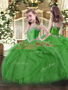 Green Ball Gowns Straps Sleeveless Tulle Floor Length Lace Up Beading and Ruffles Pageant Gowns