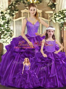 Decent Purple Sleeveless Floor Length Beading and Ruffles Lace Up Quinceanera Gowns