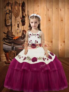 Custom Design Sleeveless Organza Floor Length Lace Up High School Pageant Dress in Fuchsia with Embroidery and Ruffled Layers