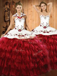 Spectacular Wine Red Ball Gowns Embroidery and Ruffled Layers Quince Ball Gowns Lace Up Organza Sleeveless Floor Length