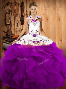 Purple Satin and Organza Lace Up Halter Top Sleeveless Floor Length Quinceanera Gown Embroidery and Ruffles